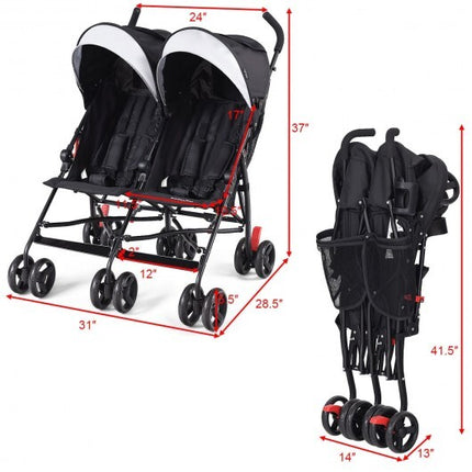 Foldable Twin Baby Double Stroller Ultralight Umbrella Kids Stroller-Black - Color: Black