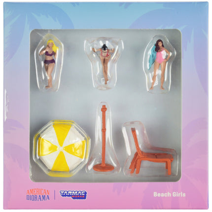 "Beach Girls" 5 piece Diecast Figure Set (3 Female Figures and 2 Beach Accessories) for 1/64 Scale Models by Tarmac Works & American Diorama