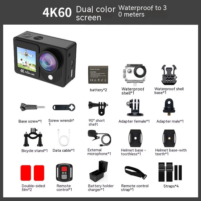 Cameras & Optics||Color: 4K60 HD Dual Color Screen - Waterproof 30 M True 4K Riding Camera Anti-shake Wide Angle HD Action Camera