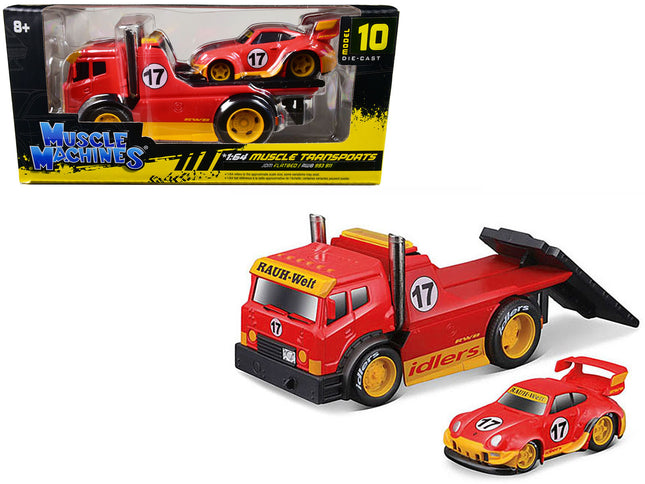 General||JDM Flatbed Truck #17 Red "RAUH-Welt BEGRIFF" and Porsche RWB 911 993 #17 Red "Muscle Transports" Series 1/64 Diecast Model Cars by Muscle Machines