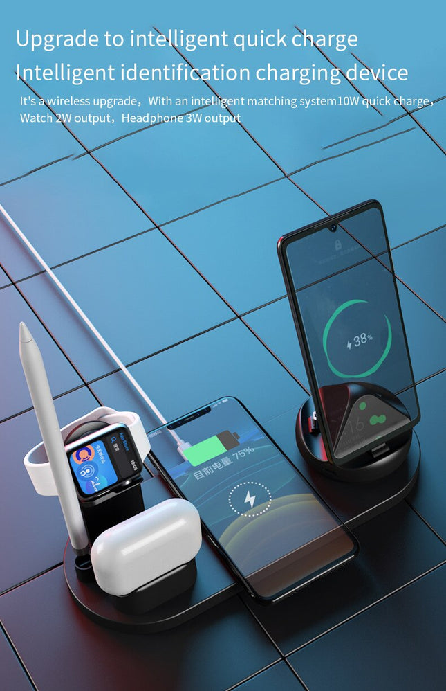 10W 7-in-1 Wireless Smart Desk Charging Dock Station for Mobile Phone, Watch, and Headsets