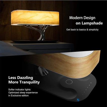 Modern LED Table Lamp with Dimmable Bluetooth Speaker, Wireless Charger, and Bedside Lamp Function