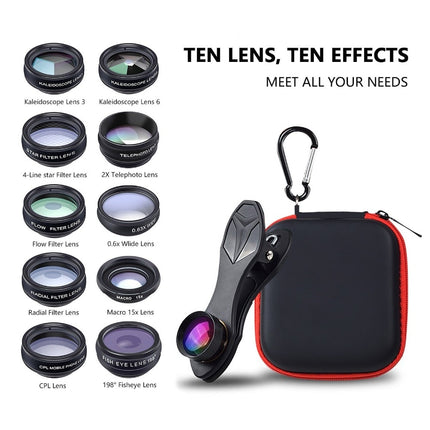 10 in 1 Universal Fisheye, Wide Angle, Macro Lens, CPL Filter, Kaleidoscope, and Telescope Lens for Smartphone (APEXEL Phone Lens Kit)