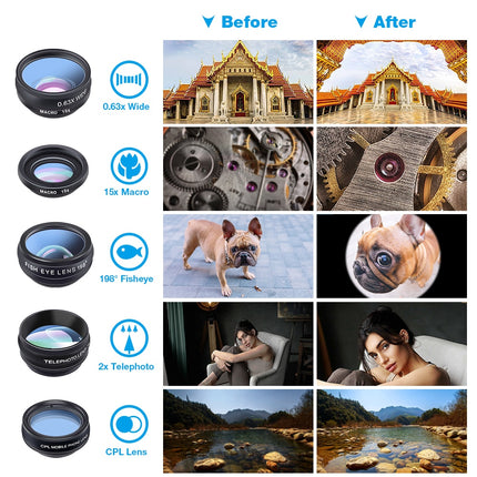 10 in 1 Universal Fisheye, Wide Angle, Macro Lens, CPL Filter, Kaleidoscope, and Telescope Lens for Smartphone (APEXEL Phone Lens Kit)