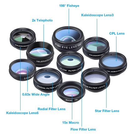 10 in 1 Universal Fisheye, Wide Angle, Macro Lens, CPL Filter, Kaleidoscope, and Telescope Lens for Smartphone (APEXEL Phone Lens Kit)