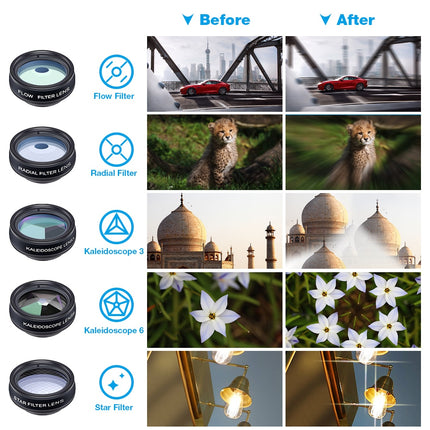 10 in 1 Universal Fisheye, Wide Angle, Macro Lens, CPL Filter, Kaleidoscope, and Telescope Lens for Smartphone (APEXEL Phone Lens Kit)