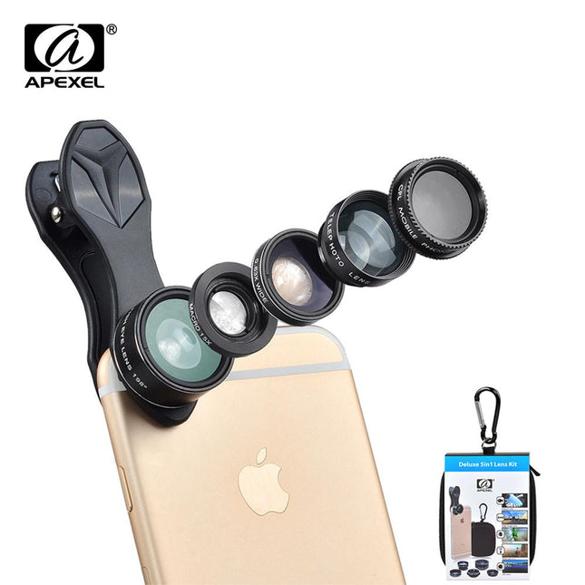 General||APEXEL 5 in 1 Mobile Phone Lens Kit: Fisheye, Wide Angle, Macro, Telescope, and CPL Lenses for iPhone, Samsung, and Xiaomi
