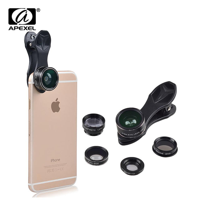 APEXEL 5 in 1 Mobile Phone Lens Kit: Fisheye, Wide Angle, Macro, Telescope, and CPL Lenses for iPhone, Samsung, and Xiaomi