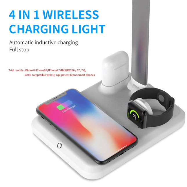LED Desk Lamp with 4-in-1 Qi Wireless Charger for Mobile Phones, Watches and Earphones