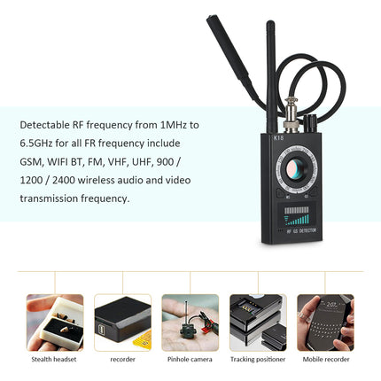 K18 Anti-Spy Detector with Multi-Function Camera, GSM Audio Bug Finder, GPS Signal Lens, and RF Tracker