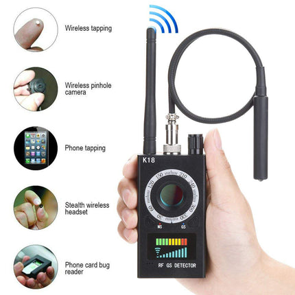 Security Camera||K18 Anti-Spy Detector with Multi-Function Camera, GSM Audio Bug Finder, GPS Signal Lens, and RF Tracker